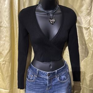 Forever 21 Long Sleeve Black Wrap Top W/Deep V - Size Medium